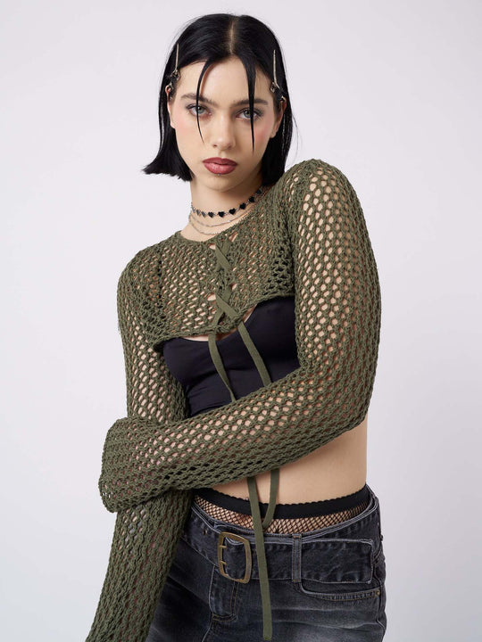 Damen luftiger Netzpullover mit Bindebändern EB