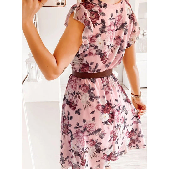 Damen Sommerliches Blumenkleid mit Rüschendetails und Taillengürtel EB