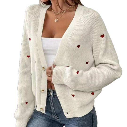 Damen lässige Strickjacke mit Herzapplikationen und tiefem V-Ausschnitt EB