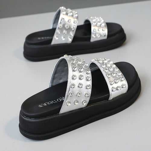 Damen Glamouröse Strandsandalen mit funkelnden Kristall-Applikationen EB