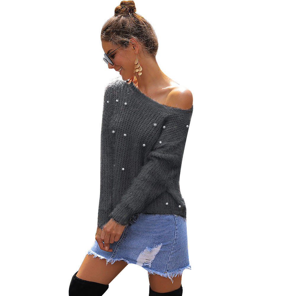 Damen Eleganter und lockerer Pullover mit Schulterfreiem Design und Perlenverzierung EB