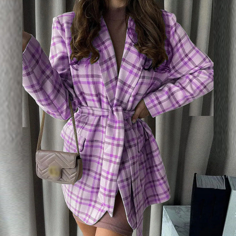 Damen Oversize karierter Mantelblazer mit Taillengürtel und aufgesetzten Taschen EB