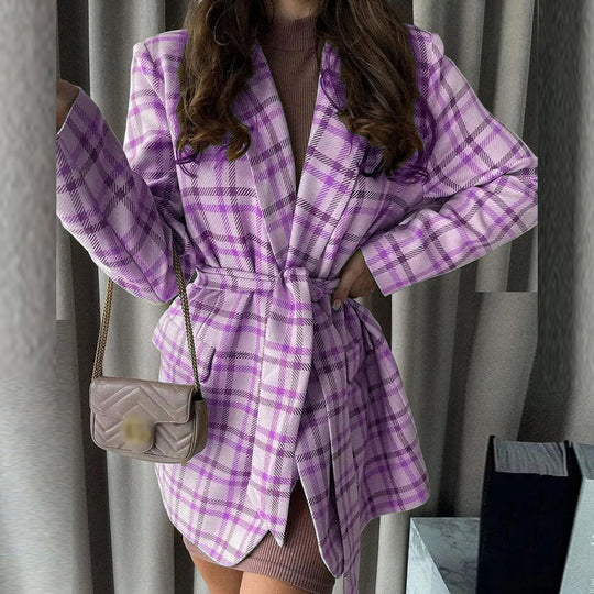 Damen Oversize karierter Mantelblazer mit Taillengürtel und aufgesetzten Taschen EB
