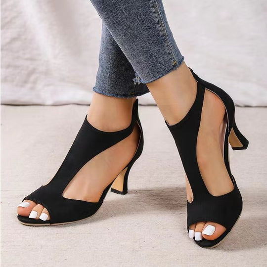 Damen Peeptoe-Sandaletten mit T-Riemen, Reißverschluss hinten und mittelhohem geschwungenem Absatz EB