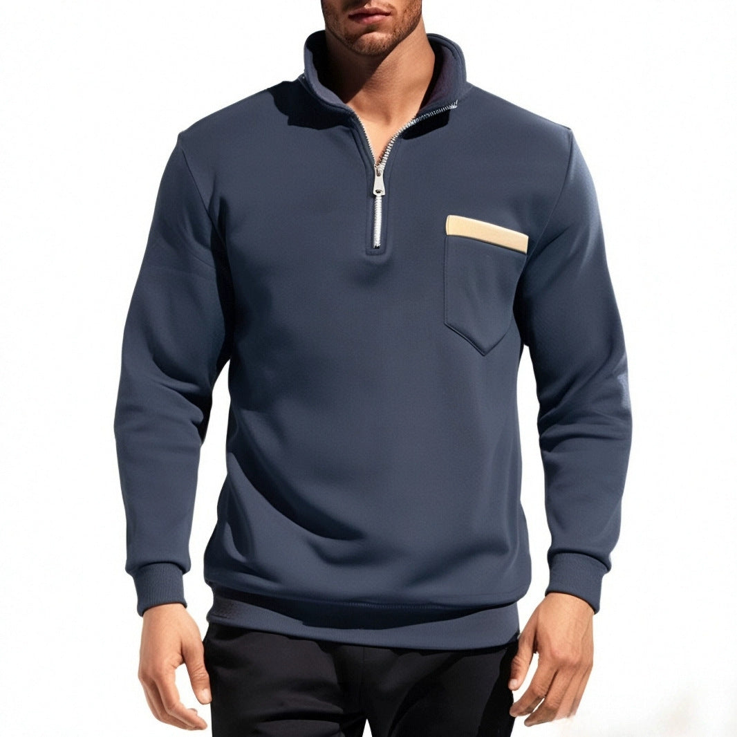 Herren nan feinstrukturiertes Halbzip-Feinstrickpullover mit Stehkragen, Brusttasche und schmaler Silhouette EB