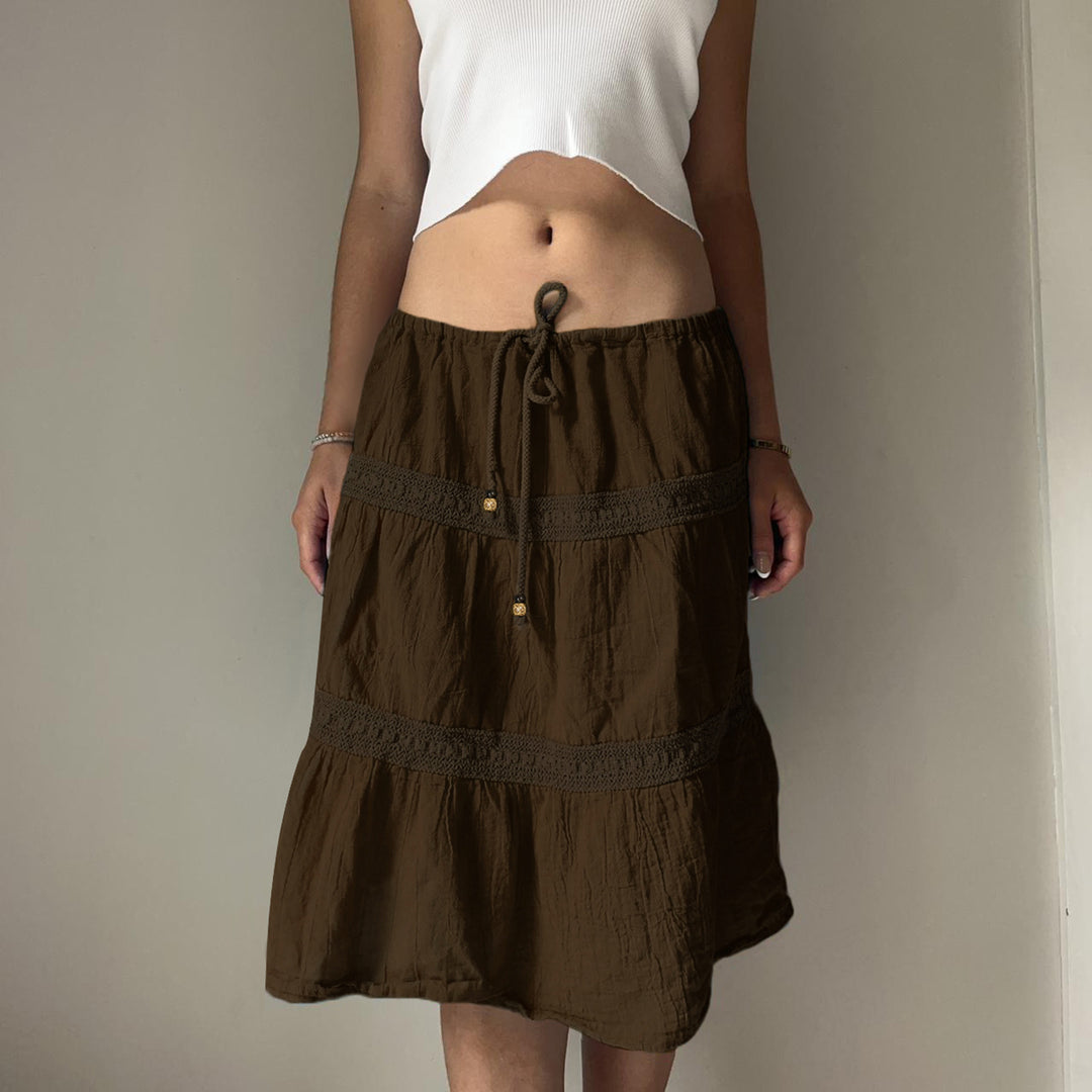 Damen nan gestufter Boho-Midirock mit elastischem Kordelbund und Häkelband-Details EB