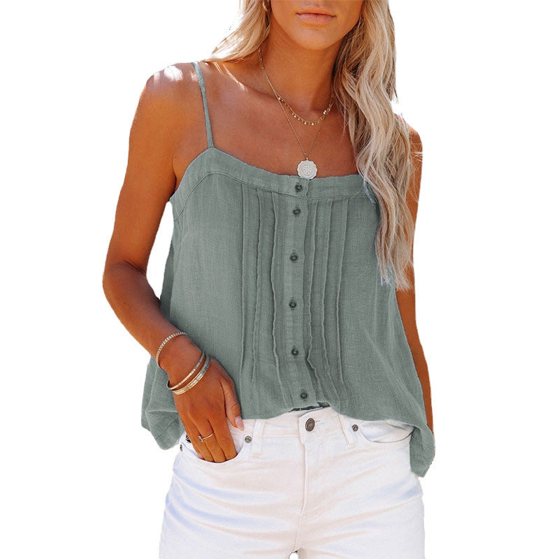 Damen luftiges Spaghettiträger-Oberteil mit kariertem Design und Knopfdetails EB
