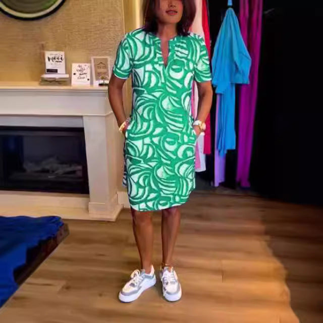Damen Kurzarm Hemdkleid mit modernen grafischen Mustern und praktischen Eingrifftaschen EB