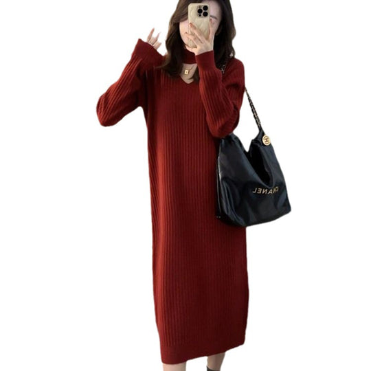 Damen Strickkleid mit V-Ausschnitt und Rippstruktur EB