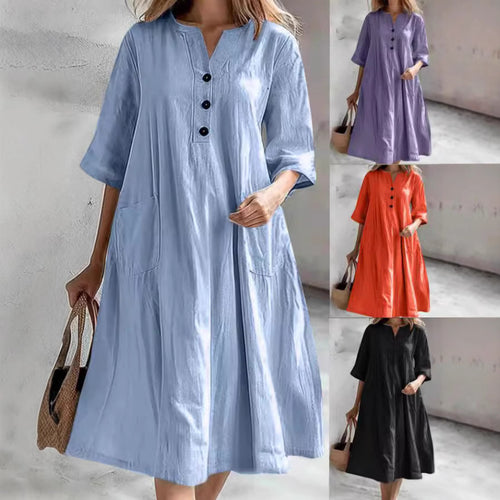Damen nan locker fallendes A-Linien Kleid mit V-Ausschnitt-Knopfleiste, 3/4-Ärmeln und aufgesetzten Eingrifftaschen EB