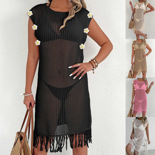Damen luftiger Netzstrandkleid mit Fransen EB