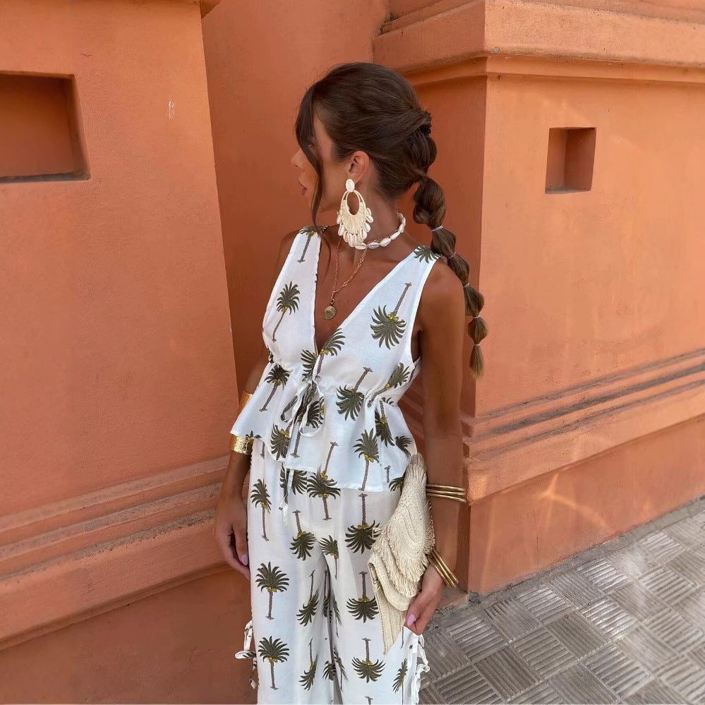 Damen Palazzo-Hose mit floralem Palmbaum-Print und seitlichen Schnürdetails EB
