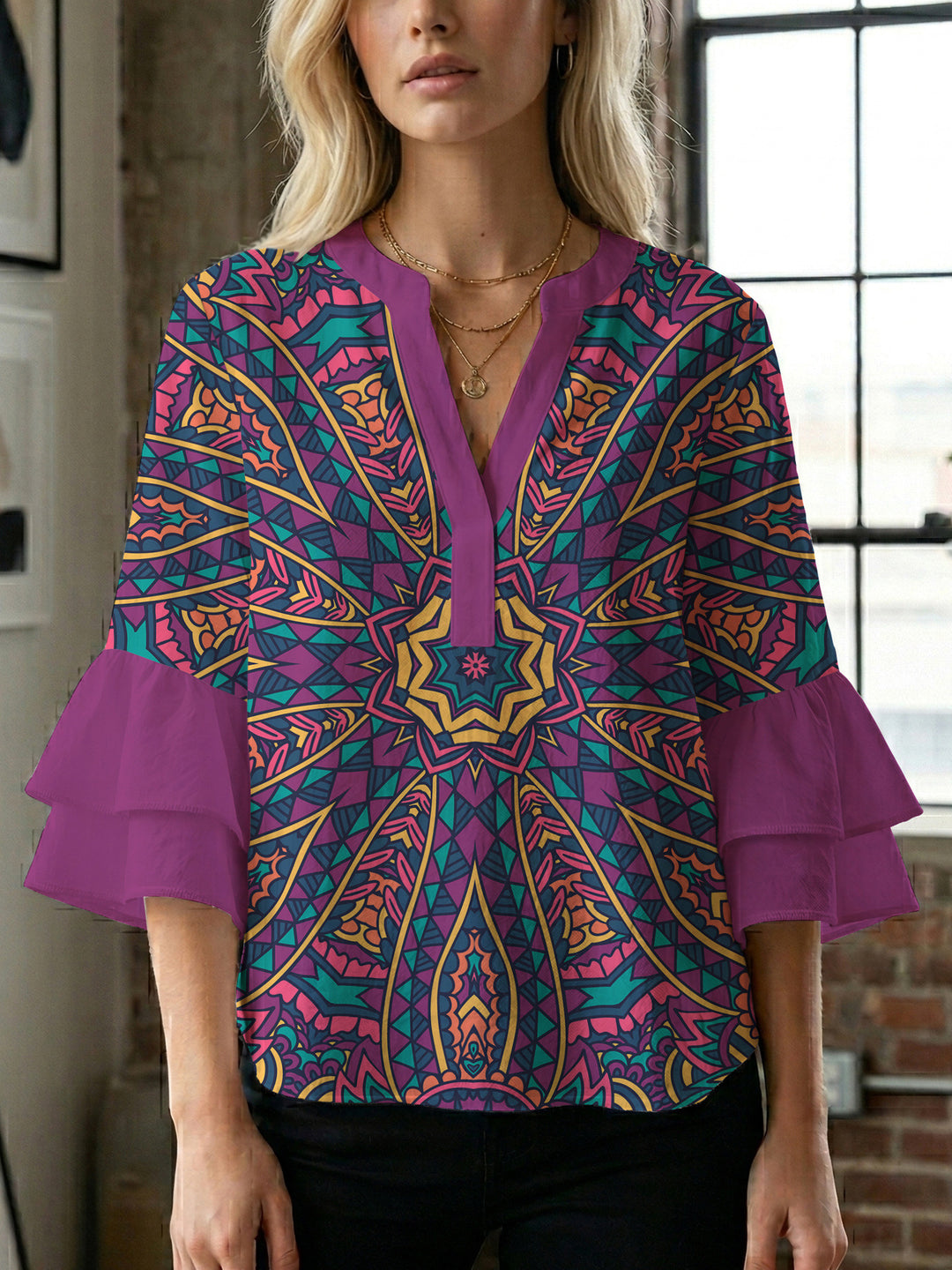 Damen elegantes Blusenshirt mit voluminösen Rüsenärmeln und grafischem Blumendesign EB