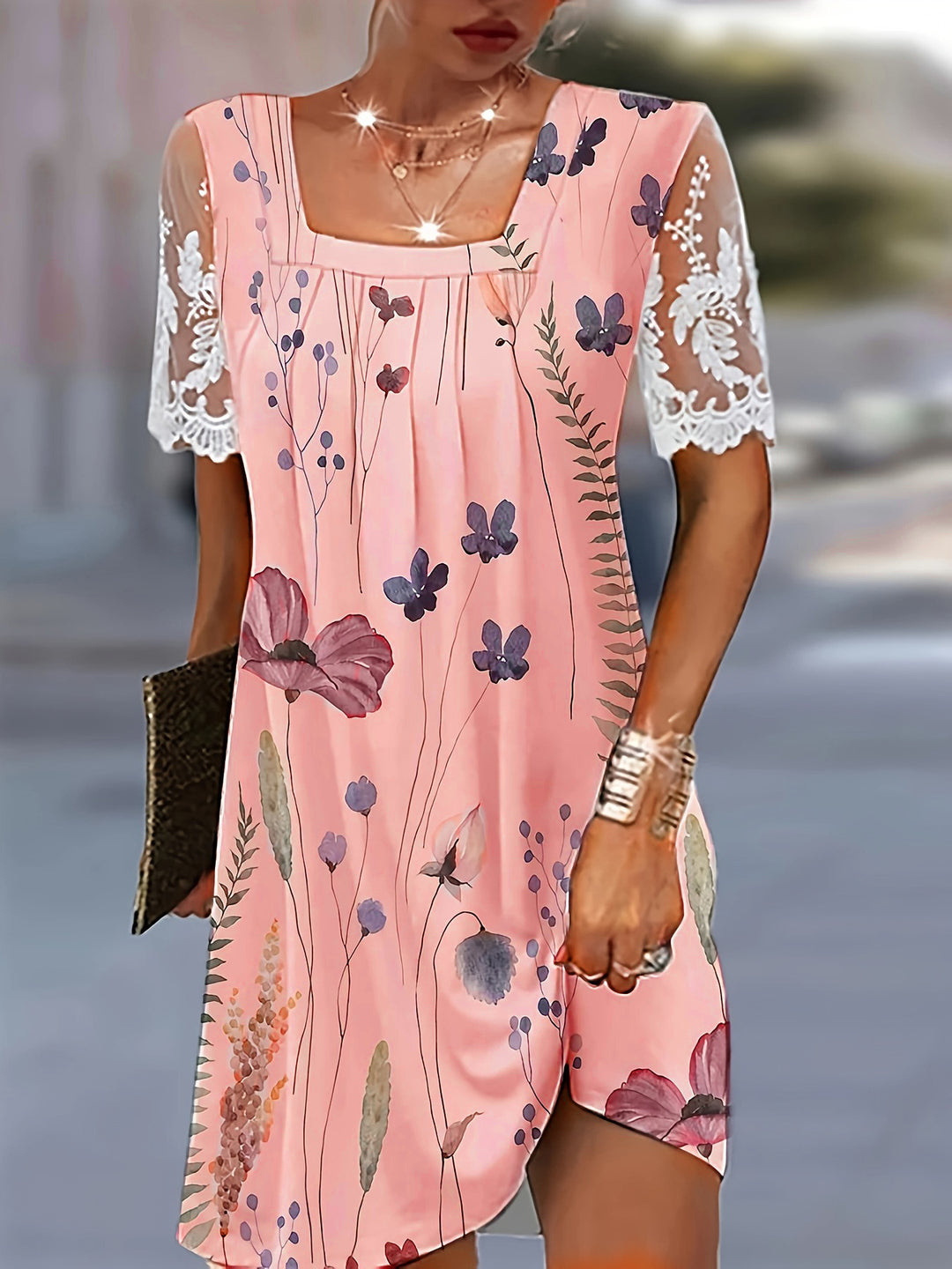 Damen Blumenmuster Shift Kleid EB