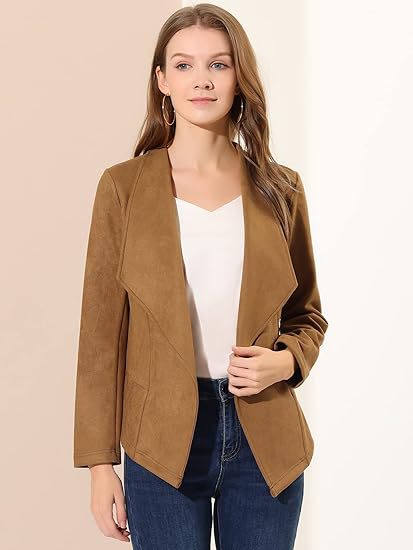 Damen modische Synthetiklederjacke mit offenem Schnitt und Taschen EB