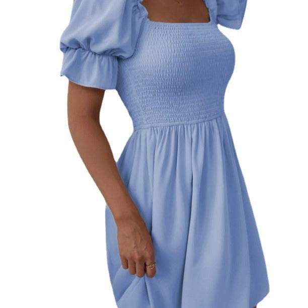 Damen kurzes Kleid mit Puffärmeln und gerafftem Oberteil EB