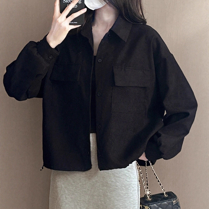 Damen Kurzgeschnittene Cordjacke mit Oversize-Ärmeln und Brusttaschen EB