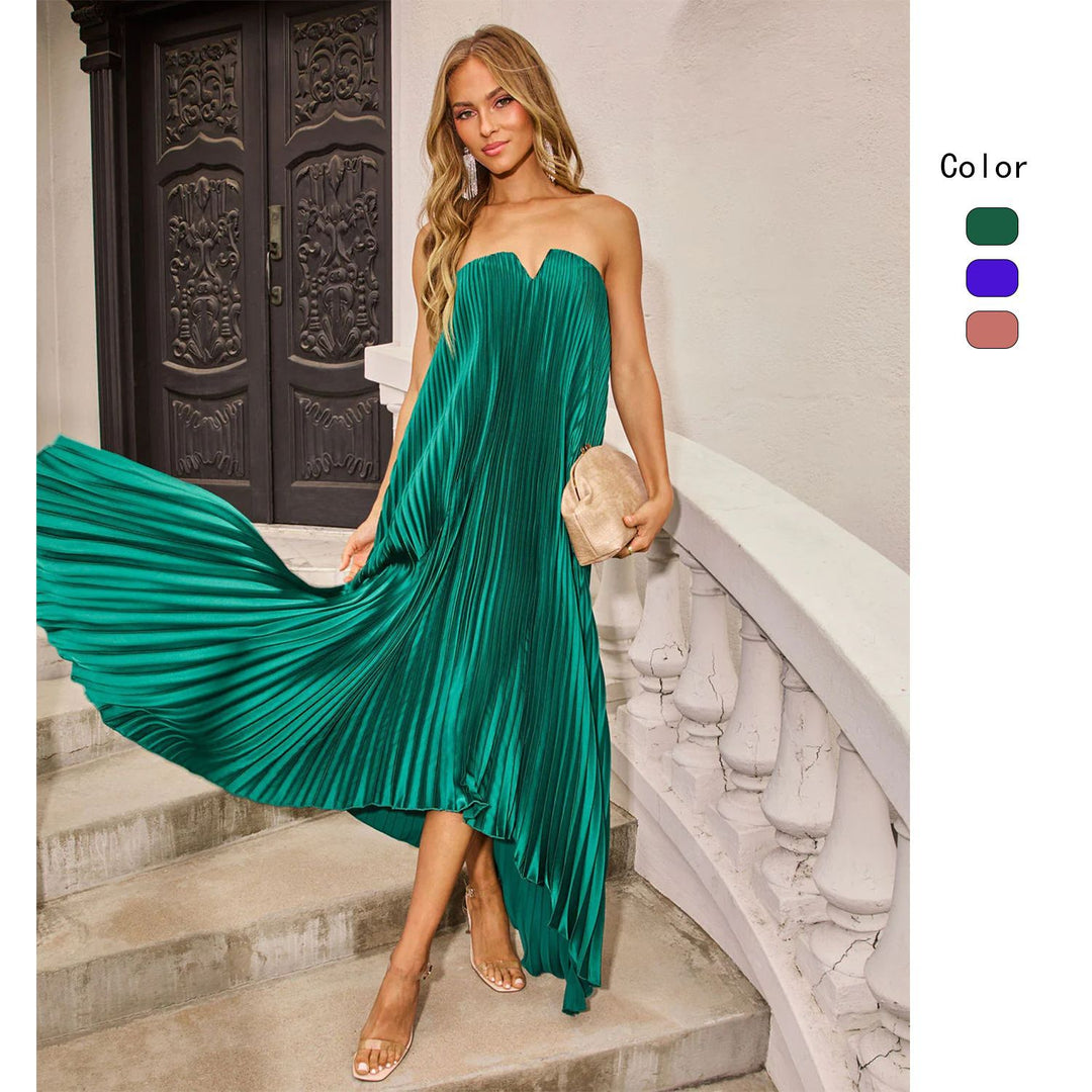 Damen Maxikleid mit plissiertem Oberteil und elegantem V-Ausschnitt EB