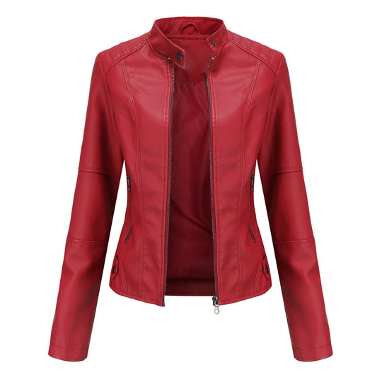 Damen nan taillierte Kunstleder Bikerjacke mit Stehkragen EB