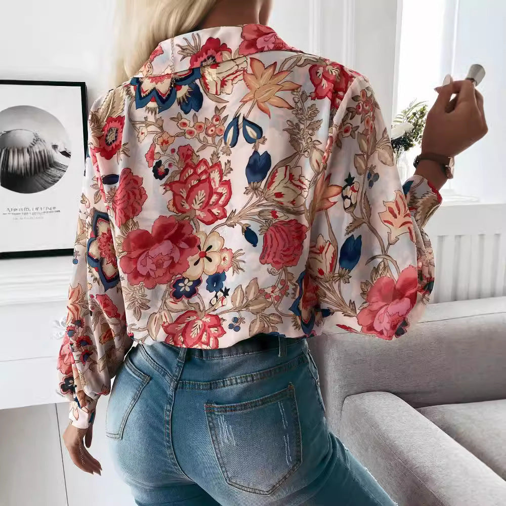 Damen elegante Bluse mit floralem Muster und modernen Puffärmeln EB