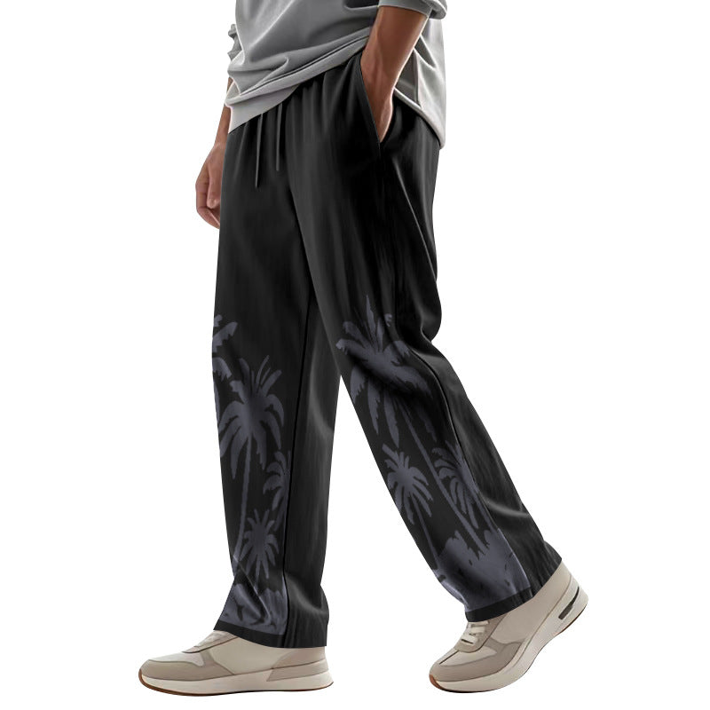 Herren nan weite Freizeit-Hose aus Baumwoll-Leinen-Mix mit Palmenprint, Elastikbund und Kordelzug EB