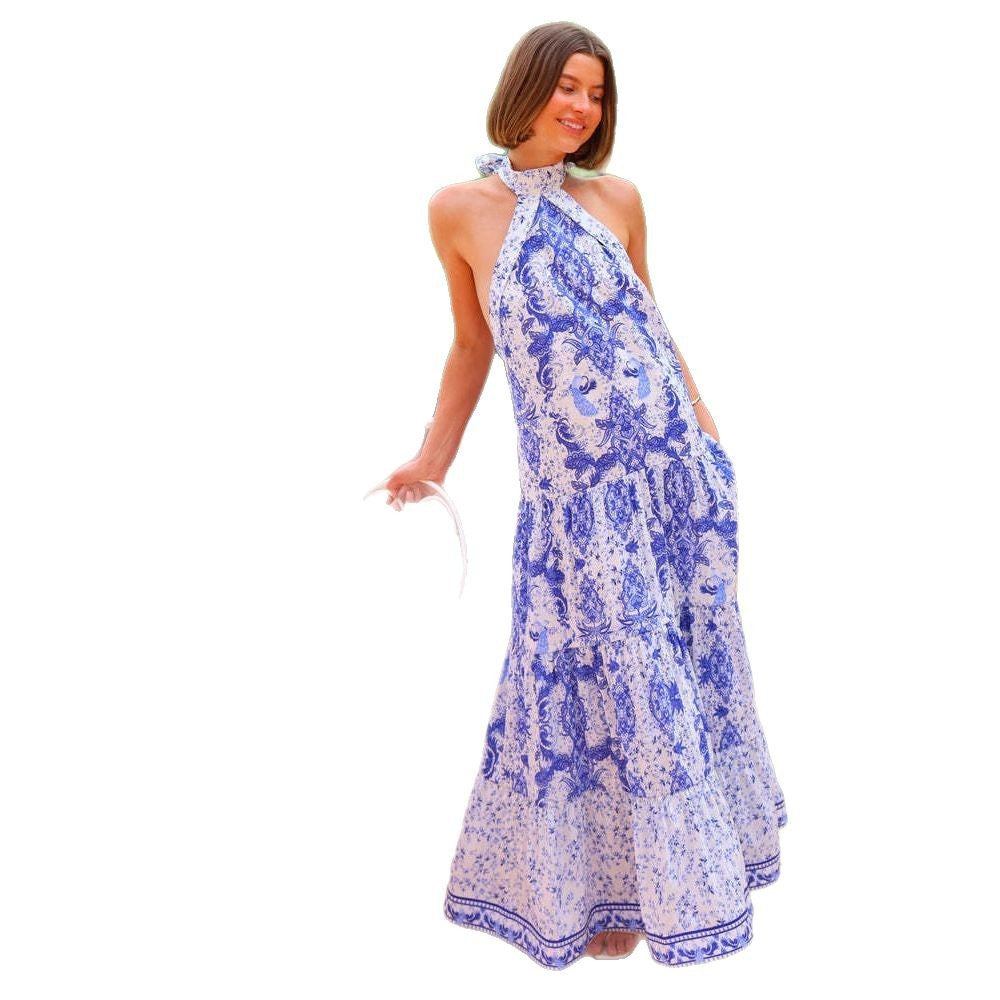 Damen Maxi Kleid mit Halterneck und elegantem Print EB