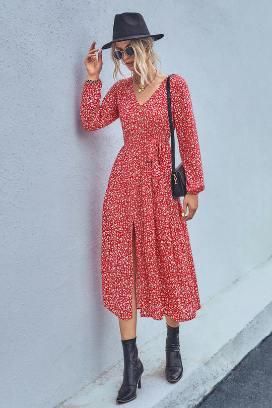 Damen Maxikleid mit elastischem Taillenbund und floralen Mustern EB