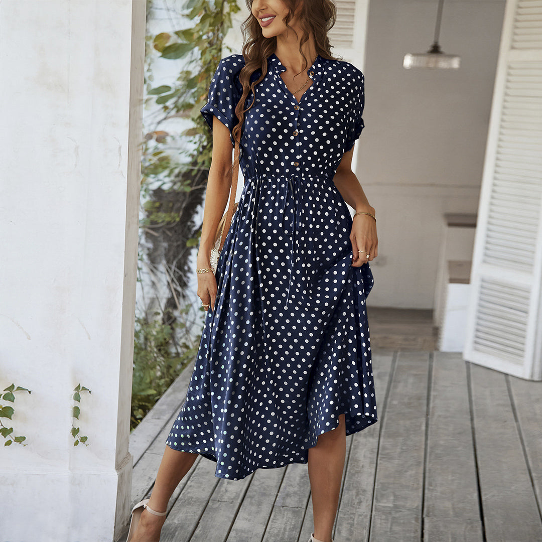 Damen Elegantes Hemdblusenkleid mit tailliertem Design und Polka-Dots EB