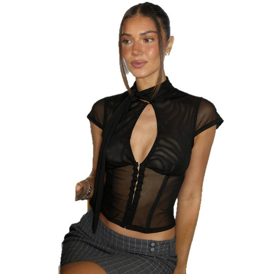 Damen Transparentes Spitzenoberteil mit Knotendetail EB