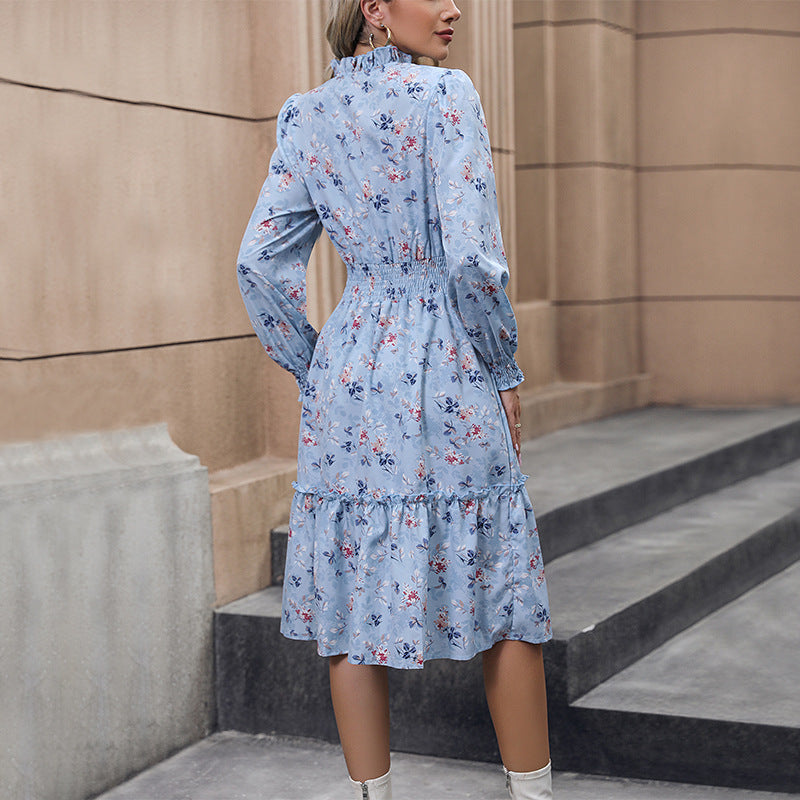Damen Midi-Kleid mit floralen Rüschen und elegantem Stehkragen EB