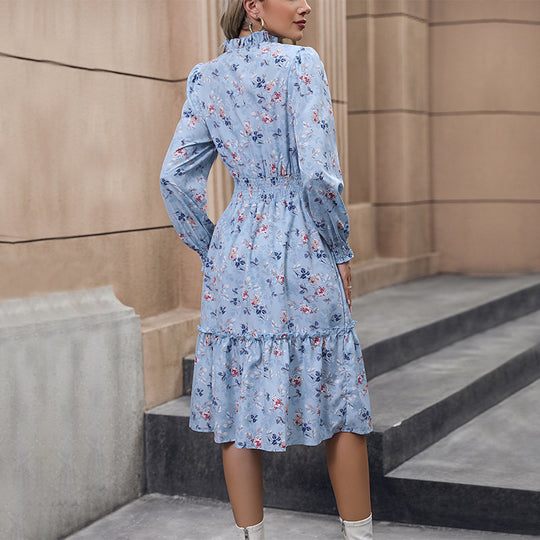 Damen Midi-Kleid mit floralen Rüschen und elegantem Stehkragen EB