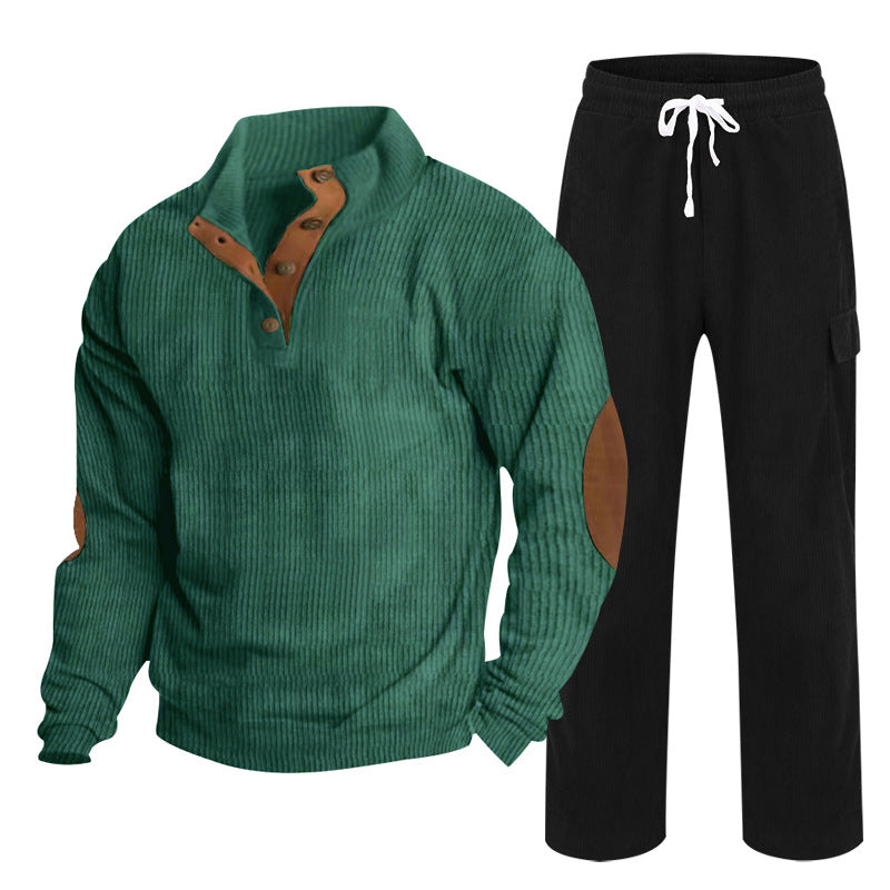 Herren nan strukturiertes Cord-Henley-Loungewear-Set mit Ellenbogenpatches und Cargo-Jogpant EB