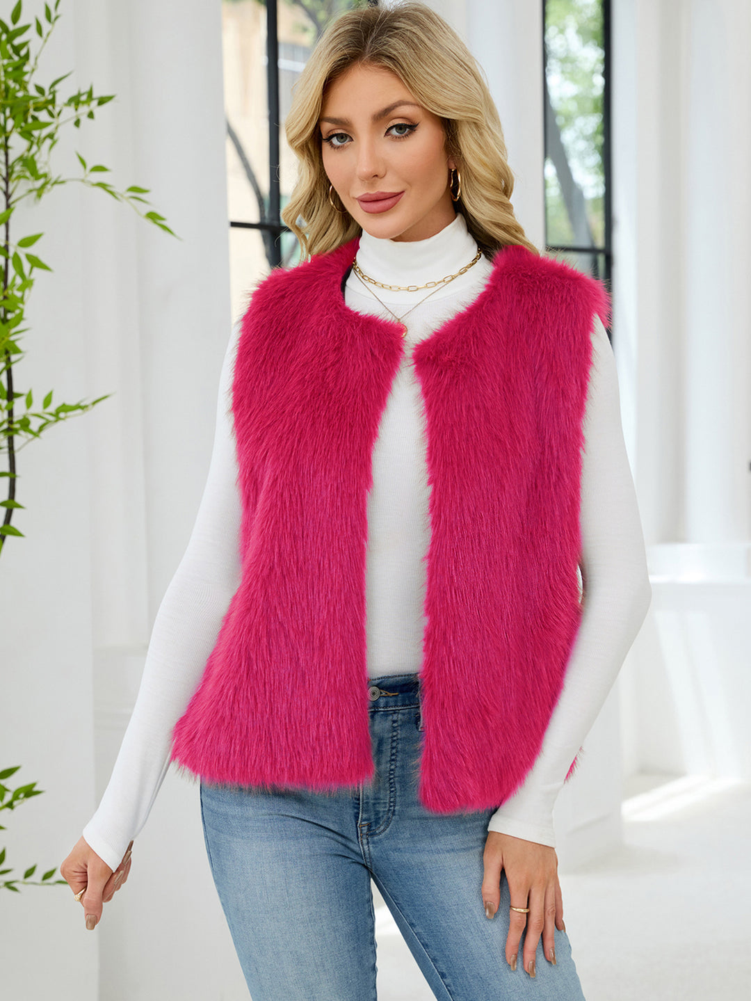 Damen Flauschige Kunstpelzweste mit voluminösem Kragen EB