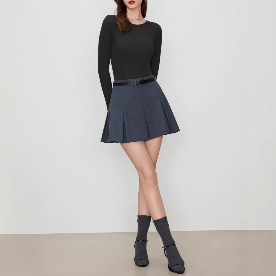 Damen Figurnahes geripptes Langarm-Basicshirt mit Rundhalsausschnitt und Stretch EB
