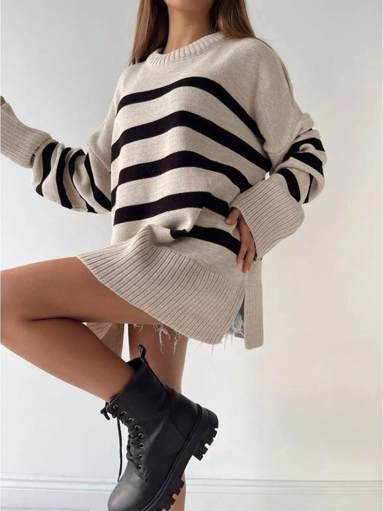 Damen Oversized Strickpullover mit markantem Streifenmuster und Rippenbündchen EB