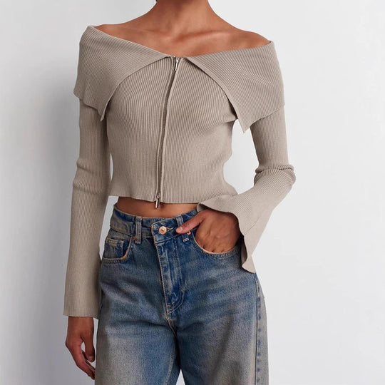 Damen cropped Oberteil mit weitem Ausschnitt und Reißverschluss EB