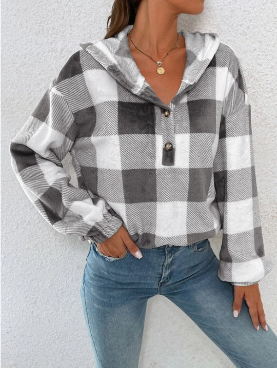 Damen Übergroßer Karierter Flanellpullover mit Kapuze EB