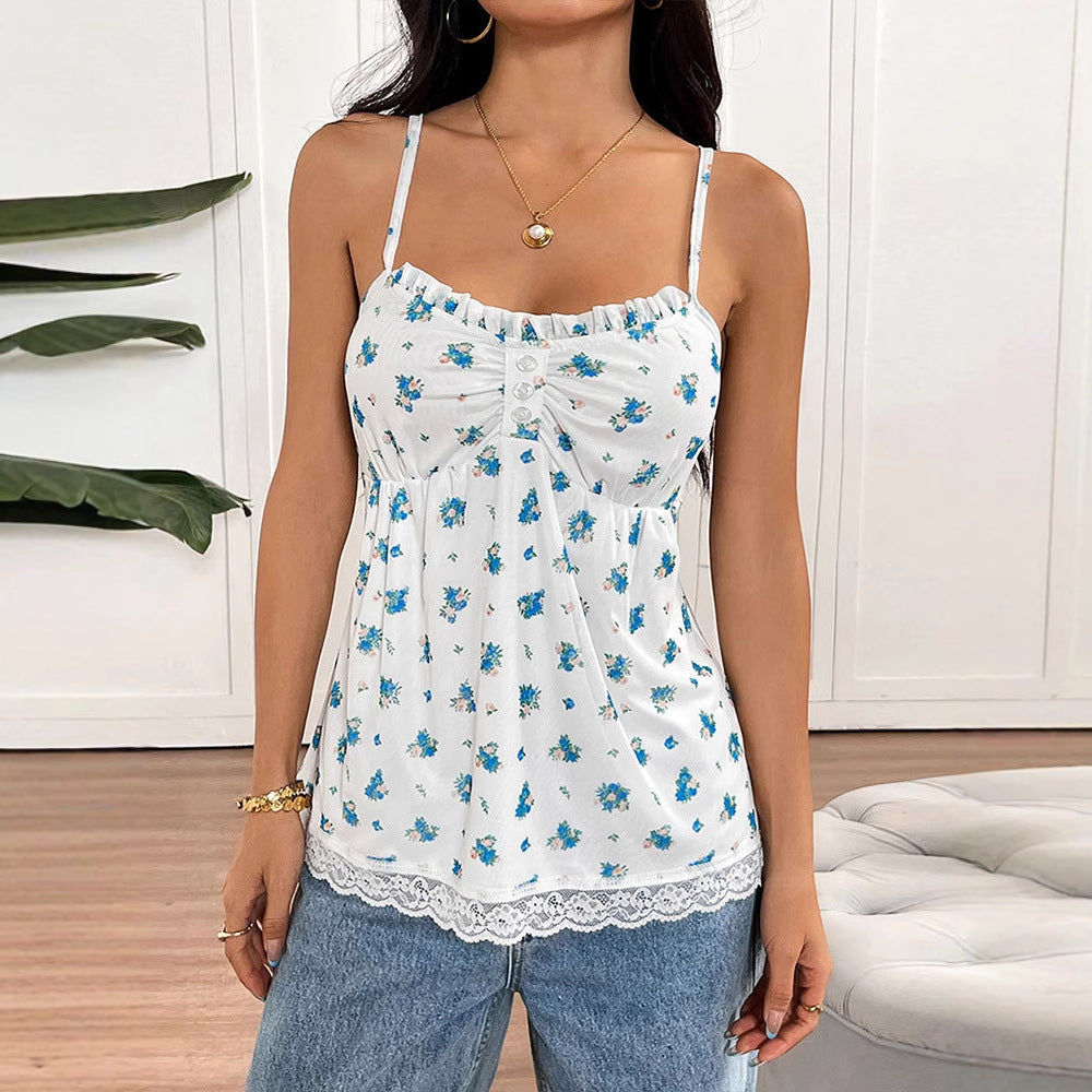 Damen Spaghetti-Träger Bluse mit floralem Muster und Spitzenbesatz EB