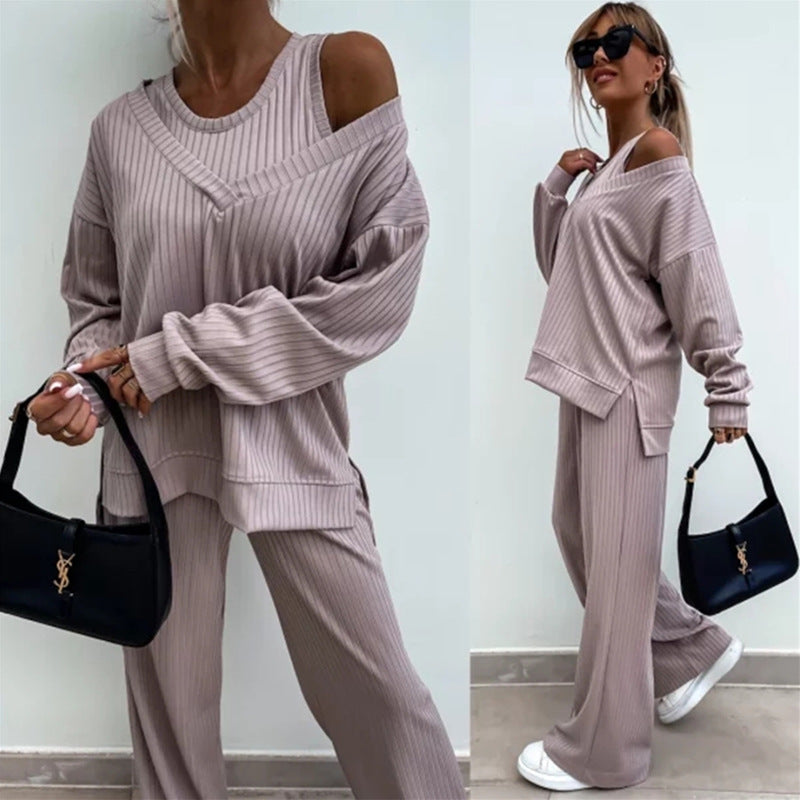 Damen nan elegantes Rippstrick-Zweiteiler Lounge-Set mit einseitigem Schulterfreischnitt und weitem Palazzo-Hosenbein EB