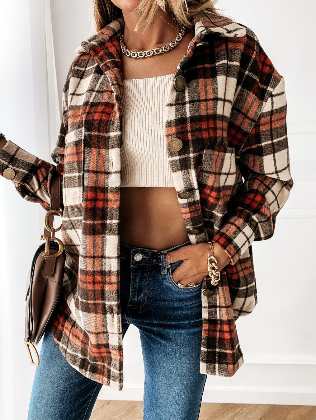 EB | Oversized Hemdjacke Karomuster Lässiger Chic