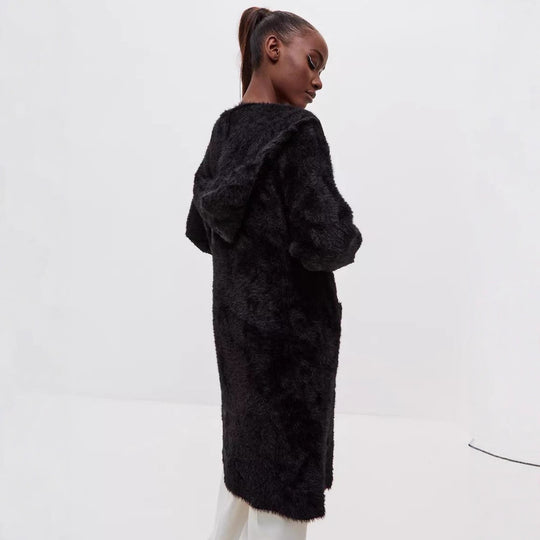 Damen Kapuzen-Strickmantel mit luxuriösem Flauschteil EB