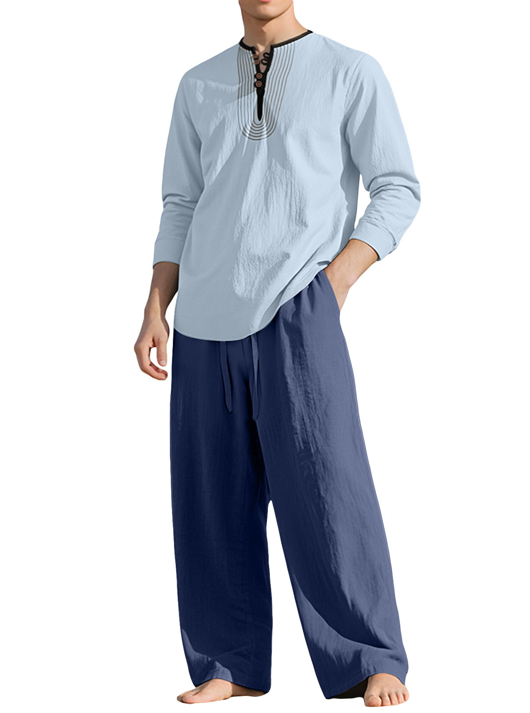 Herren nan Tunika- und Palazzohose-Set mit Henley-Blende, Zierstickerei und weitem Schnitt EB