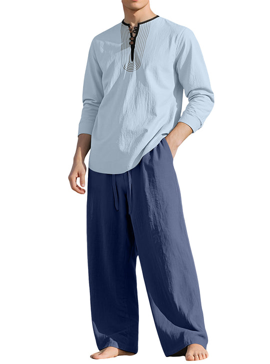 Herren nan Tunika- und Palazzohose-Set mit Henley-Blende, Zierstickerei und weitem Schnitt EB
