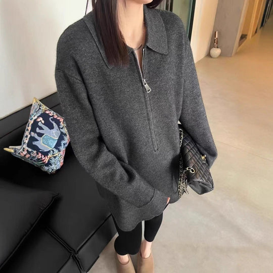 Damen Modischer Pullover mit Reißverschluss und Kragen EB