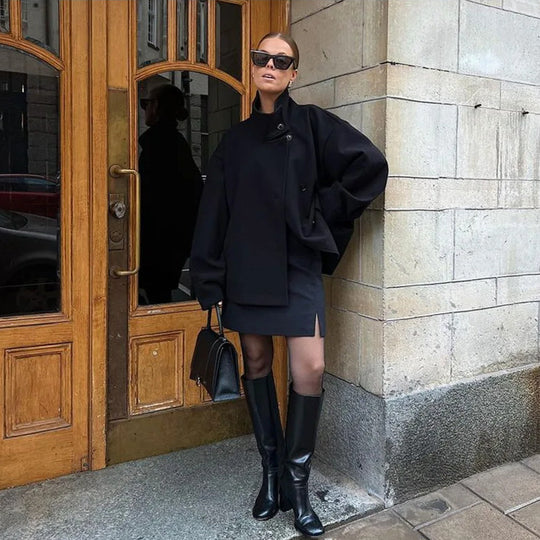 Damen modische Kurzjacke mit hohem Kragen und Knopfverschluss EB