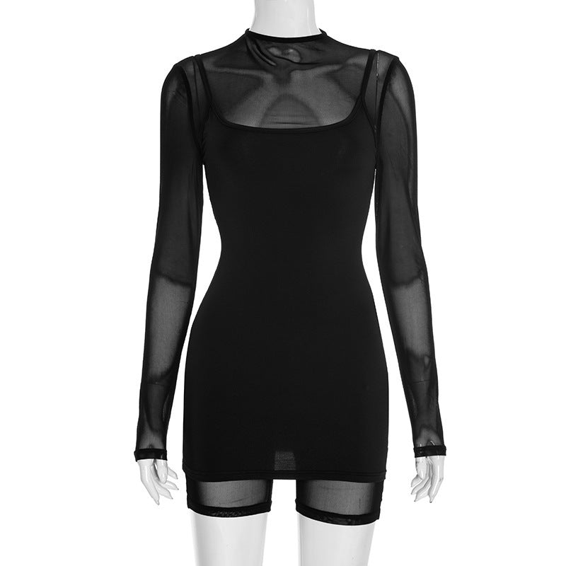 Damen Körperbetontes Longsleeve-Overall mit transparenten Ärmeln und figurformendem Schnitt EB