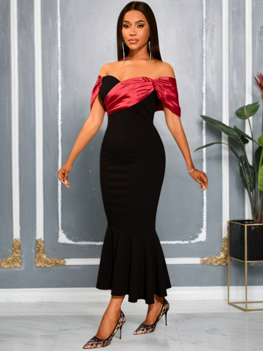 Damen elegantes schulterfreies Maxikleid mit voluminösen Rüschen EB