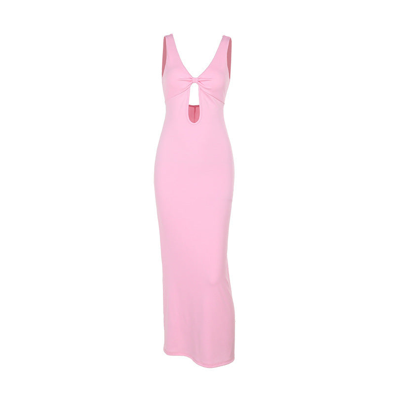 Damen figurbetontes Maxikleid mit tiefem V-Ausschnitt und Cut-Out EB