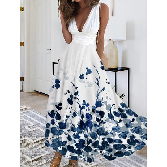 Damen Maxikleid mit tiefem V-Ausschnitt und floralem Wasserfarben-Muster EB
