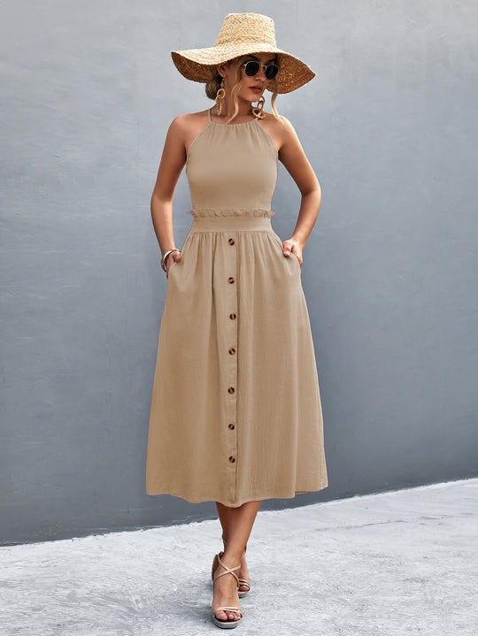 Damen Maxikleid mit hohen Trägern, elastischem Bund und dekorativen Knöpfen EB